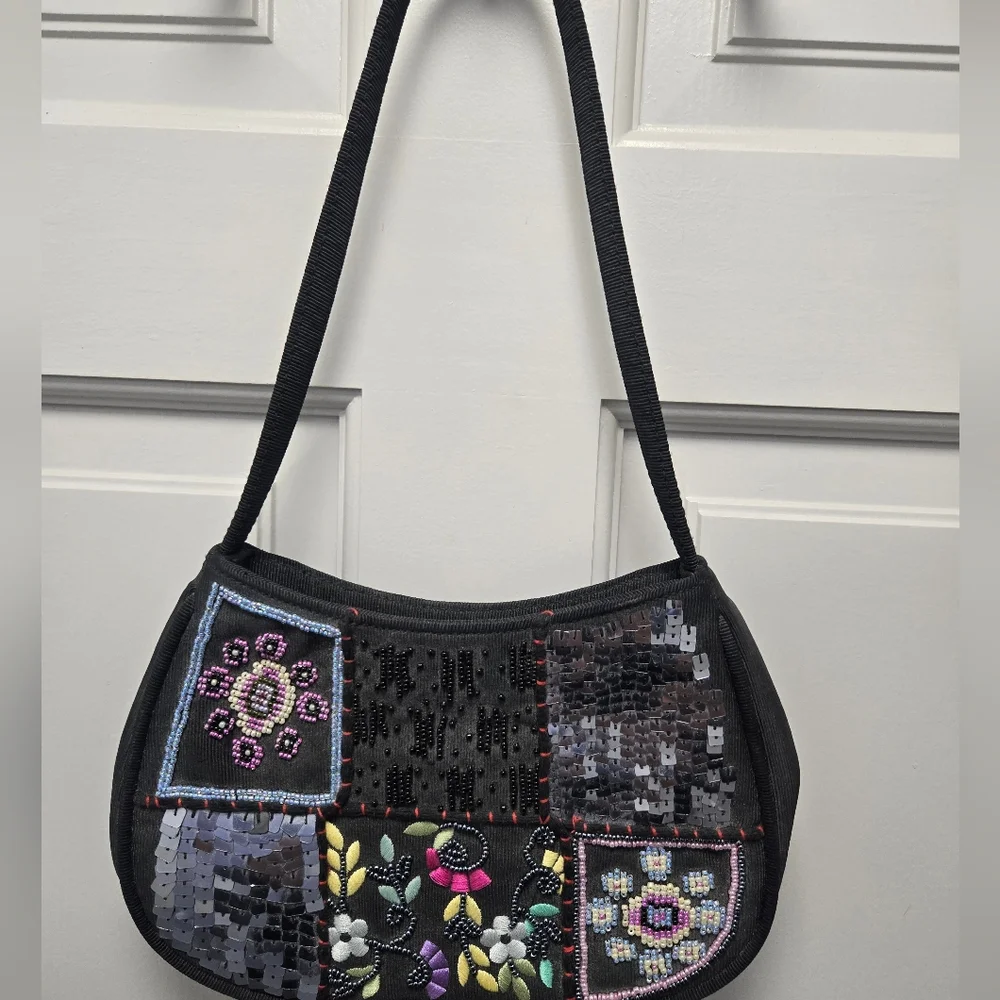 Black Embroidered & Sequin Patch Shoulder Bag